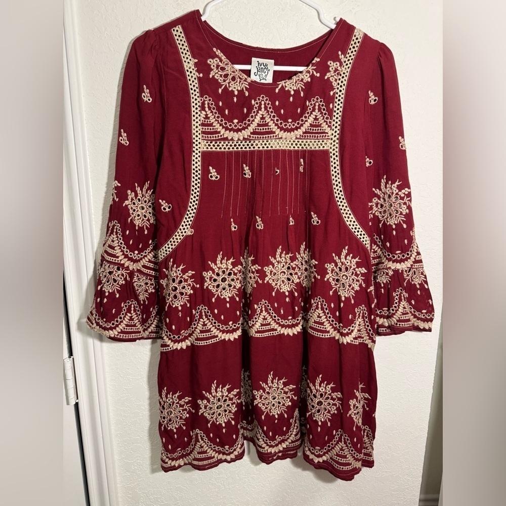 Ivy Jane Eyelet Embroidered Tunic Womens Small Deep Wine Bohemian Peasant Blouse